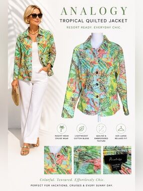 Analogy tropical jacket multicolor front button pockets cotton blend large